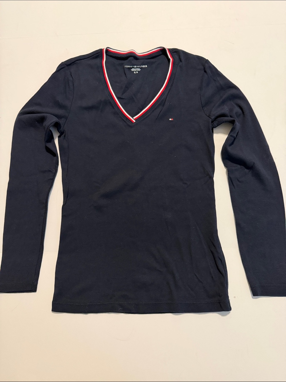 Tommy Hilfiger Navy V-Neck Sweater with Red & White Trim